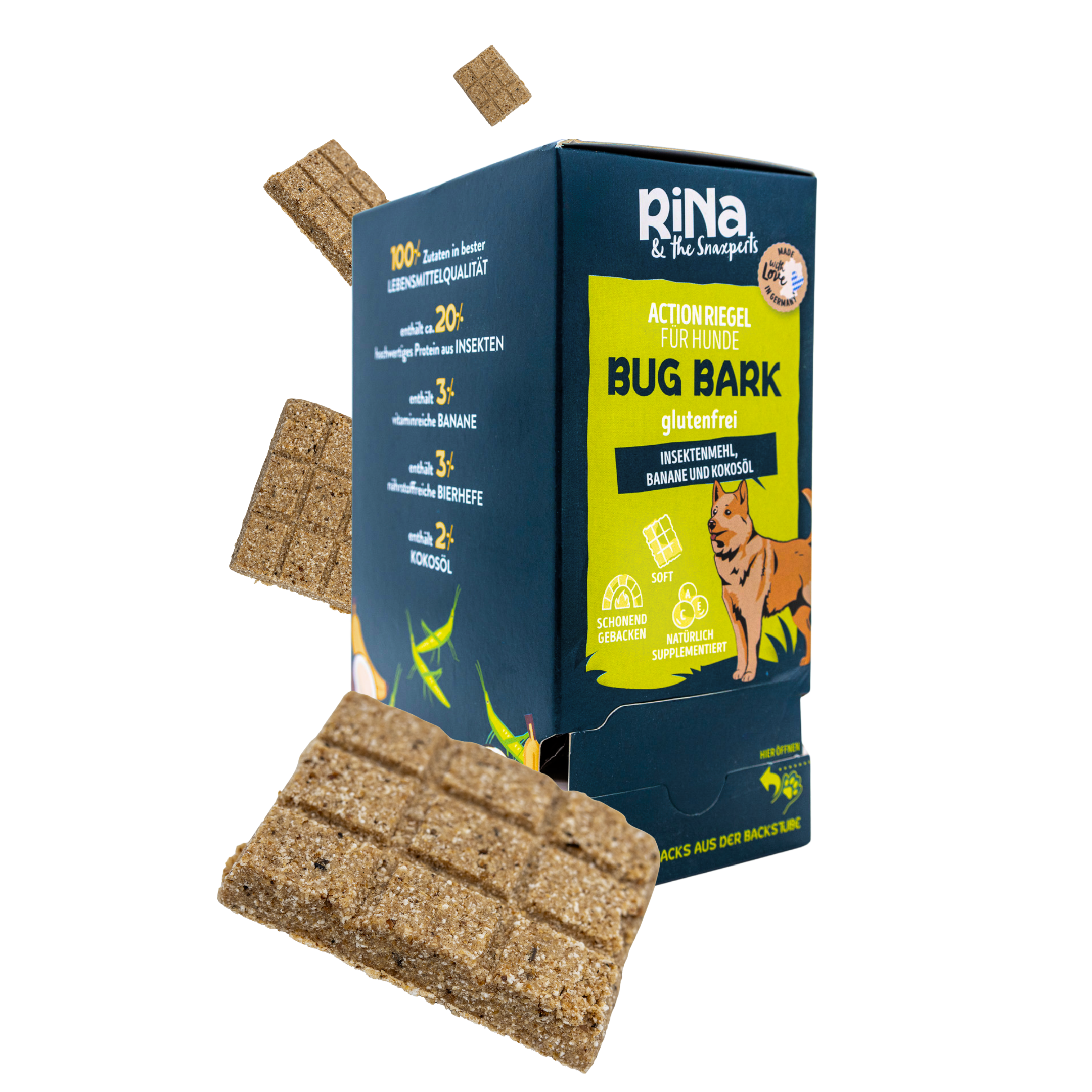 RiNa`s BUG BARK - Hundeleckerli mit ca. 20% hochwertigen Insekten-Protein - 10er-Riegelbox 300g