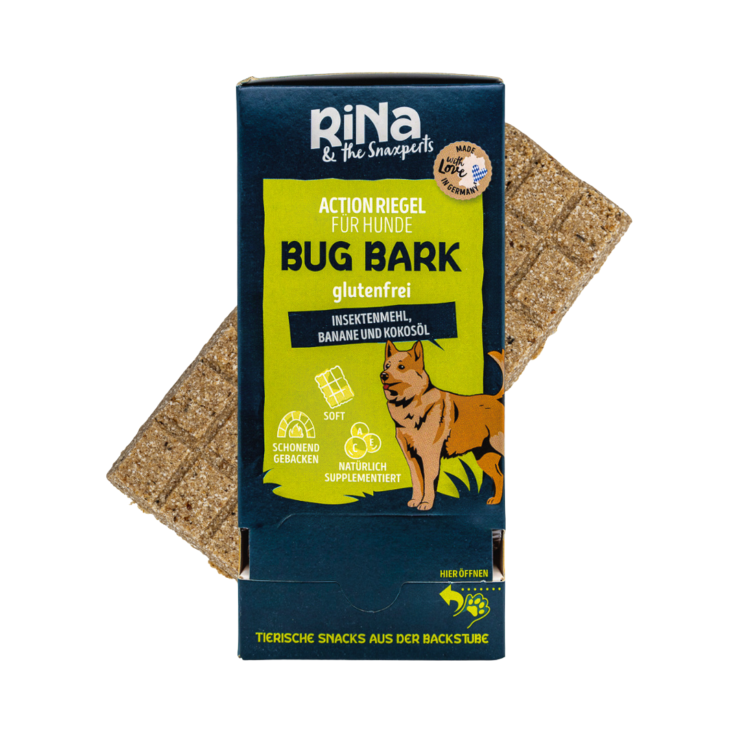 RiNa`s BUG BARK - Hundeleckerli mit ca. 20% hochwertigen Insekten-Protein - 10er-Riegelbox 300g