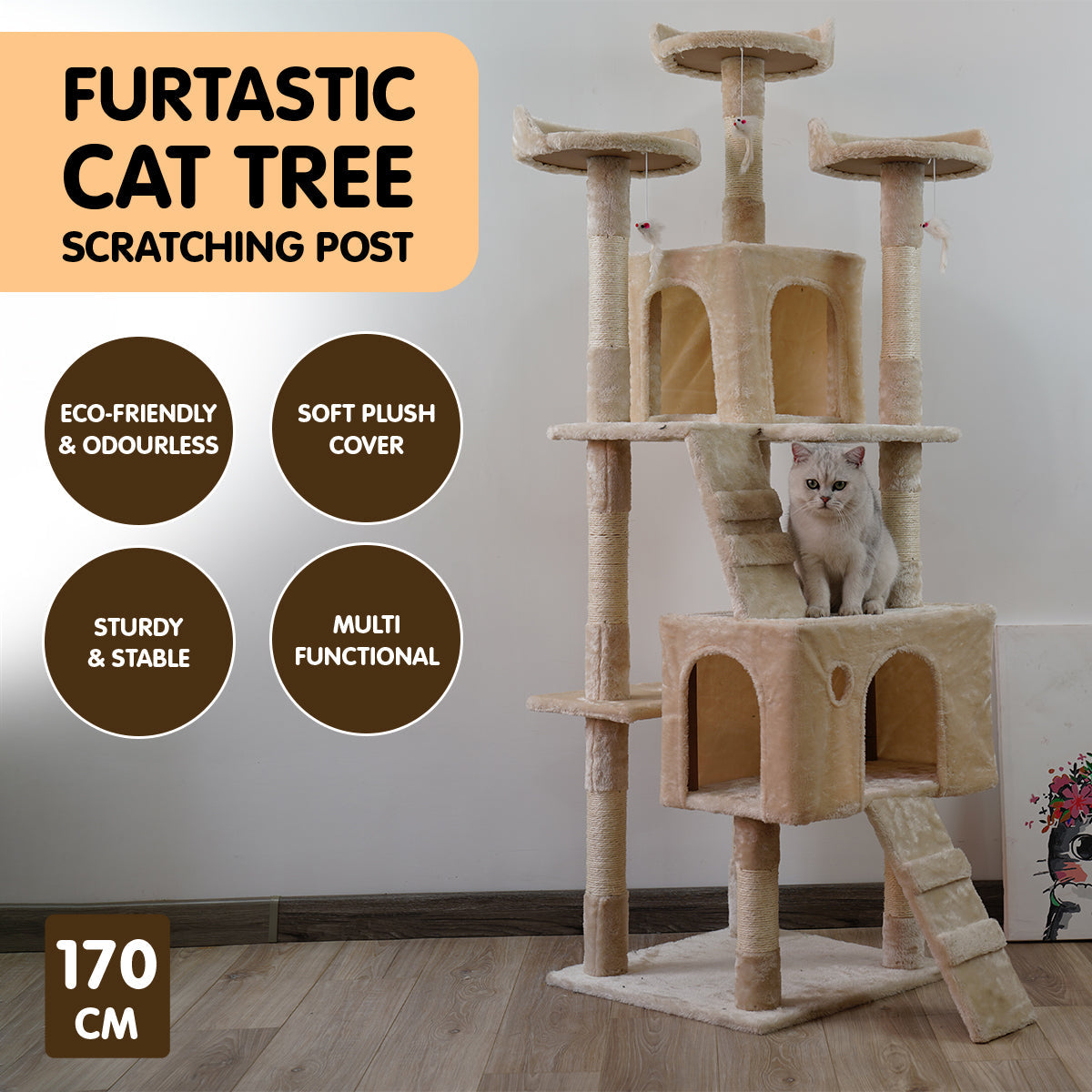 NNEDPE 170cm Cat Tree Scratching Post - Beige