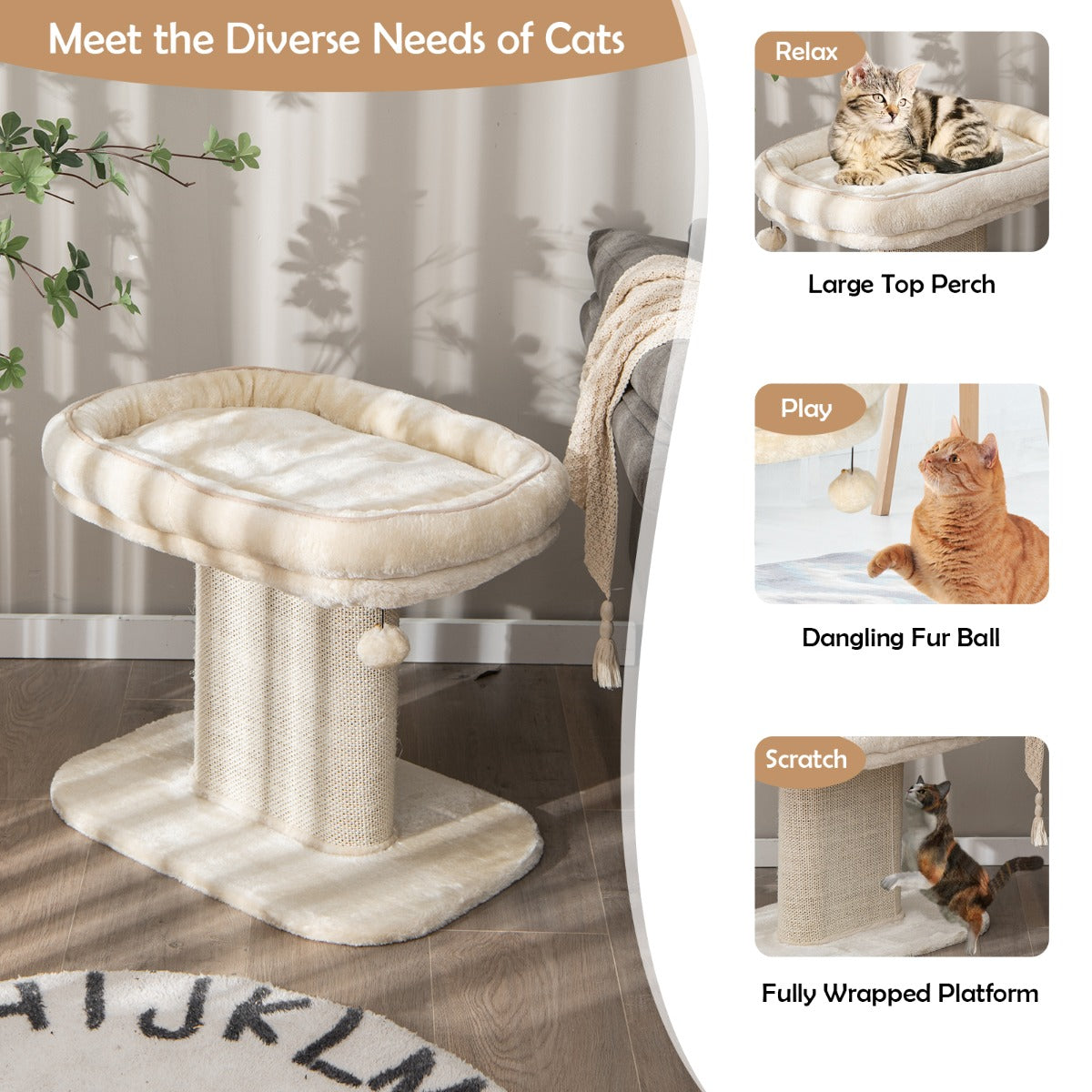 NNECW Modern Cat Tree Tower for Kittens with Large Plush Perch for Indoor Beige
